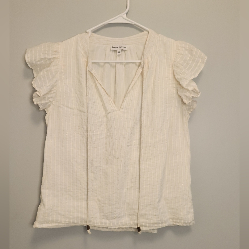 Karina Grimaldi Off-white Striped Flutter-Sleeve Blouse Size Medium